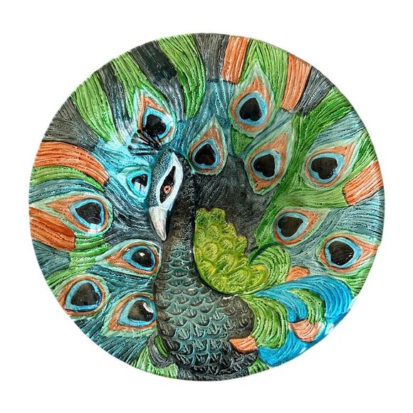 Hand Painted Glass Multicolor Peacock Serving Dish - Picture 1 of 5